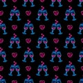 Seamless pattern with neon icons of two wine glasses with hearts on black background. Love, Valentines Day, wedding Royalty Free Stock Photo