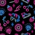 Seamless pattern with neon icons of unicorn face, strawberry, diamond, cherry, donut, lollypop on black background.