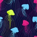 Seamless pattern neon jellyfish on dark background