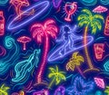 Seamless pattern with neon lights and beach items Royalty Free Stock Photo