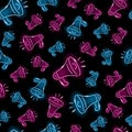 Seamless pattern with neon loudspeaker or megaphone icons on black background. Loud, volume, announcement, concept