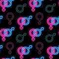 Seamless pattern with neon man and woman signs on black background. Gender symbols: mars and venus. Vector illustration Royalty Free Stock Photo