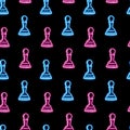 Seamless pattern with neon pawns on black background. Chess, strategy, board game concept for wallpaper, wrapping, print Royalty Free Stock Photo