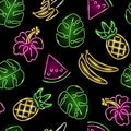 Seamless pattern with neon pineapple, banana, monstera leaf and hibiscus on black background. Exotic, summer, tropical, food Royalty Free Stock Photo