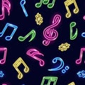 Seamless pattern with neon pink, blue, green, yellow music notes on dark background. Vector illustration Royalty Free Stock Photo