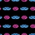 Seamless pattern with neon pink and blue icons of lips and moustache on black background. Male and female symbols. Vector Royalty Free Stock Photo