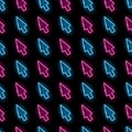 Seamless pattern with neon pointing arrow or cursor on black background. Computer, web, direction concept. Night Royalty Free Stock Photo