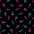 Seamless pattern with neon question mark and exclamation mark icons on black background. Conversation, mportant information, Royalty Free Stock Photo