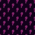 Seamless pattern with neon question mark icon on dark background. Quiz, interrogation, problem concept. Night signboard style