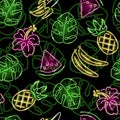 Seamless pattern with neon summer icons: pineapple, banana, monstera leaf and hibiscus on black background. Royalty Free Stock Photo