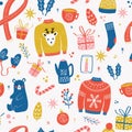 Seamless pattern with New Year and Christmas elements. Traditional winter holiday decoration, clothes, gifts and animals, isolated