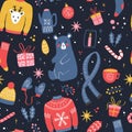 Seamless pattern with New Year and Christmas elements. Traditional winter holiday decoration, clothes, gifts and animals, isolated