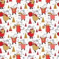 Seamless pattern New year and Christmas in vector. Cute cartoon mouse gives gifts, dancing, decorating the Christmas tree. Funny Royalty Free Stock Photo