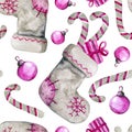 Seamless pattern with New Year`s sock, felt boots, staff, gifts. Hand drawn watercolor illustration for design of Christmas Royalty Free Stock Photo