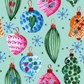 Seamless pattern. New Year`s toys. Balls, icicles, snowflakes Royalty Free Stock Photo