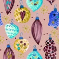 Seamless pattern. New Year`s toys. Balls, icicles, snowflakes Royalty Free Stock Photo