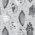 Seamless pattern. New Year`s toys. Balls, icicles, snowflakes Royalty Free Stock Photo