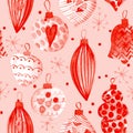 Seamless pattern. New Year`s toys. Balls, icicles, snowflakes Royalty Free Stock Photo