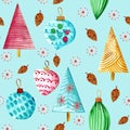 Seamless pattern. New Year`s toys. Balls, icicles, snowflakes Royalty Free Stock Photo