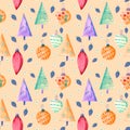 Seamless pattern. New Year`s toys. Balls, icicles, snowflakes Royalty Free Stock Photo