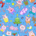 Seamless illustration with funny cartoon colored pigs and snowflakes, colored icons on blue background