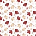 Seamless pattern for the New Year. Vector hand-drawn illustration of red and beige mittens and Christmas trees. Royalty Free Stock Photo