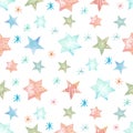 Seamless pattern New Years and Christmas colored stars and snowflakes on a white background. Royalty Free Stock Photo