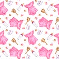 Seamless pattern newborn girl. Pink bodysuit, booties, bottle, stars, pacifier. Hand drawn watercolor illustration Royalty Free Stock Photo