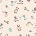 Seamless pattern of newborn icons. Vector illustration background wallpaper baby elements. Royalty Free Stock Photo