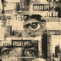 seamless pattern with newspaper, human eyes, urban and landscapes