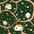 Seamless pattern with nice houses and forest paths.