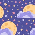 Seamless pattern of night sky with clouds and moon surrounded by stars different shapes in a flat style. Royalty Free Stock Photo