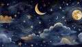 Seamless pattern of the night sky with gold foil constellations stars and clouds watercolor. Generate Ai Royalty Free Stock Photo