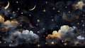Seamless pattern of the night sky with gold foil constellations stars and clouds watercolor. Generate Ai Royalty Free Stock Photo