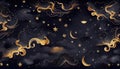 Seamless pattern of the night sky with gold foil constellations stars and clouds watercolor. Generate Ai Royalty Free Stock Photo