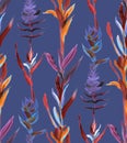 Seamless pattern with night tropics with vertical flowers on a dark background painted