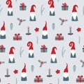 Seamless pattern with Nordic Gnomes and christmas festive decorations.