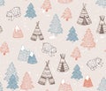 Seamless pattern with North American Indian tipi homes with tribal ornament, elements of forest and mountains, bear.