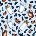 Seamless pattern with noses and spots of dairy cows. On a blue background. Watercolor hand drawn illustration. Milk Royalty Free Stock Photo