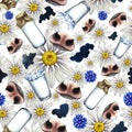 Seamless pattern with noses and spots of dairy cows, with milk and wildflowers. A hand-drawn watercolor illustration Royalty Free Stock Photo