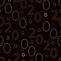 Seamless pattern with numbers 2020 and gold chains. Dark brown background with bracelets from different chains and the text 2020