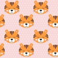 Seamless pattern nursery cute tiger and dots on pink background.