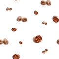 Watercolor hand drawn nutmeg spices seamless pattern.