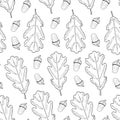 Seamless pattern from oak leaves and acorn. white background. Hand drawing. Vector illustration.