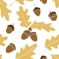 Seamless pattern with oak leaves, acorns. Vector autumn color texture isolated, hand drawn in flat style Royalty Free Stock Photo