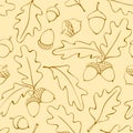 Seamless pattern with oak leaves, acorns. Vector autumn texture isolated, hand drawn in doodle style, brown outline Royalty Free Stock Photo