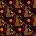 Seamless pattern with oak tree and forest animals: sleeping fox, squirrel and owl