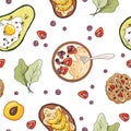 Seamless pattern with oatmeal porridge, avocado with egg, cookies, fruit sandwich