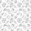 Seamless pattern of objects for pajama, sleepover or slumber party in doodle style. Hand drawn black outline isolated on a white