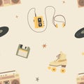 Seamless pattern of objects from the past, roller skates, vinyl record, tape recorder, music player and other. Royalty Free Stock Photo